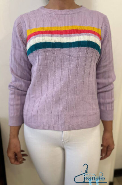 لباس بافتنی زنانه راه‌راه بنفش سین‌سی – مدل زمستانه نرم و راحت | خرید با ارسال رایگان