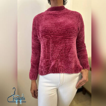 پولیور بافت مخمل زنانه اورسایز Lefties صورتی فوشیا یقه گرد ایستاده فری سایز 38-46 مدل 1404